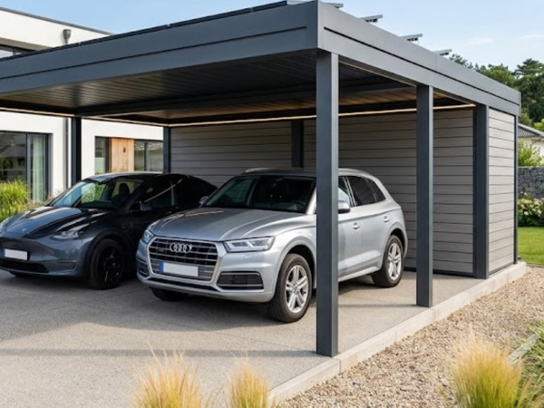 Anthrazitfarbener Carport mit zwei Stellplätzen, montiert vom Montageservice Gache im Weimarer Land