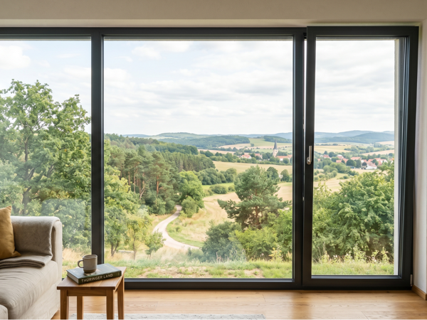 Große Schiebetür mit Fensterfront und Blick ins Weimarer Land, montiert von Stefan Gache