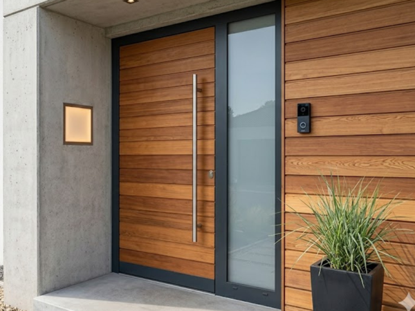 Moderne Haustür in Holz- und Anthrazit-Optik, eingebaut bei Weimar
